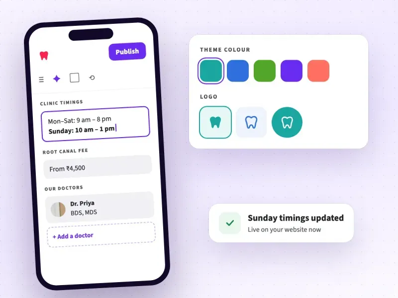 Editing dental clinic timings, fees and doctors on a phone, with theme colours and logo choices