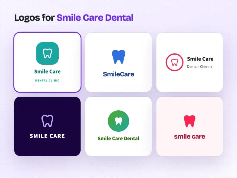 Six logo designs for a dental clinic called Smile Care Dental