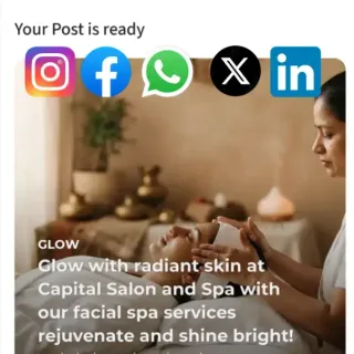 A ready social media post for a salon, with Instagram, Facebook, WhatsApp, X and LinkedIn icons