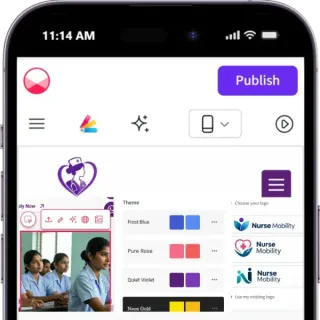 AI website editor on a phone, with theme colours and logo choices