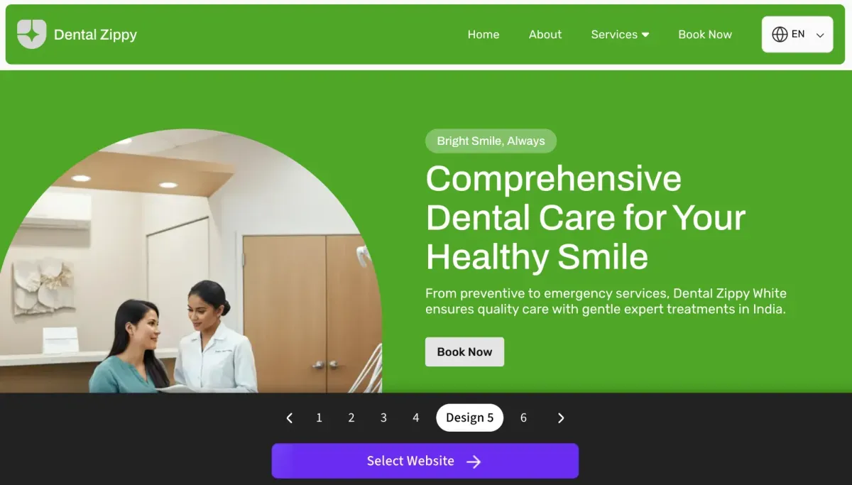 A finished dental clinic website made with Open Weaver, with a Book Now button