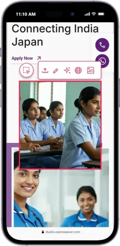 Mobile website editor with image options: upload, edit, AI generate, online library