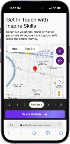 Contact section with location map and call and WhatsApp buttons