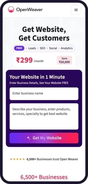 On a phone, the clinic name and its treatments, area and timings are typed into the Open Weaver form, then Get My Website is tapped