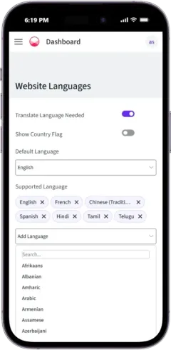 Website Languages settings with Hindi, Tamil, Telugu, French and Spanish added