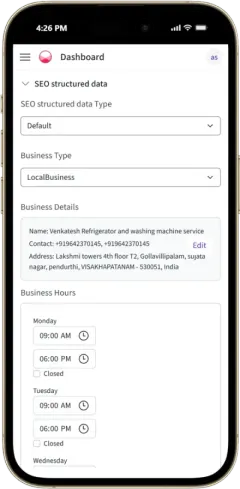 Structured data with business type, address, phone and business hours