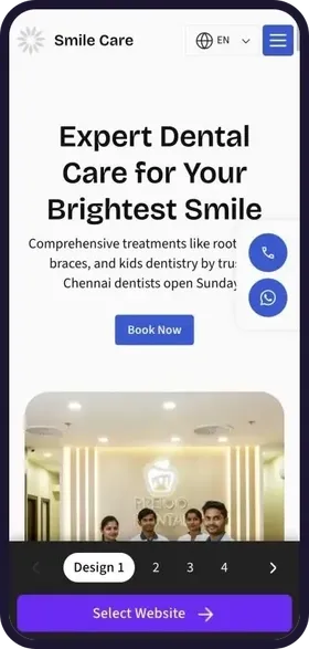 On a phone, tapping through the 6 website designs made for Smile Care Dental Clinic