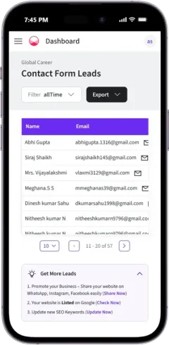 Lead dashboard listing every enquiry, with a filter and export