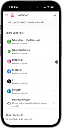 Share options for a Facebook post for business: WhatsApp, WhatsApp Status, Instagram, Facebook, X, LinkedIn and Download Poster