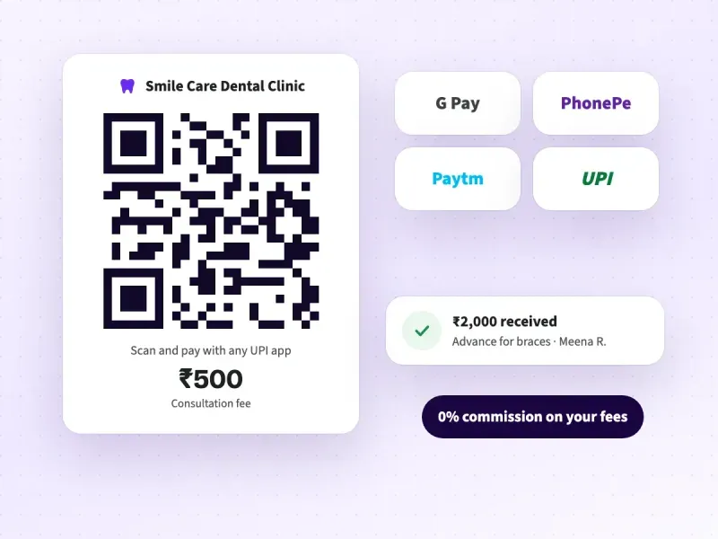 A UPI QR code for a dental clinic consultation fee, with a payment received for braces