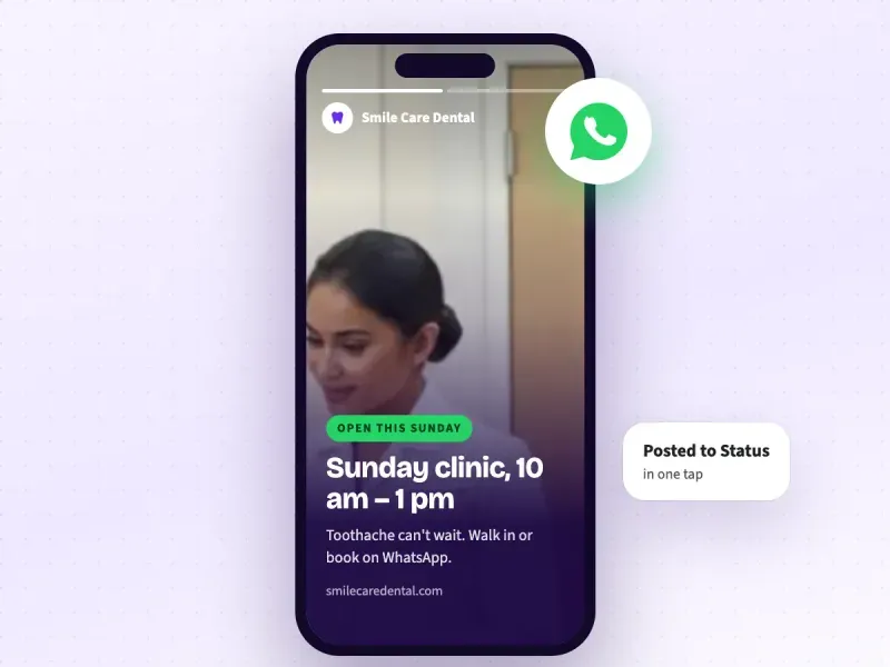 A WhatsApp Status post for a dental clinic open on Sunday
