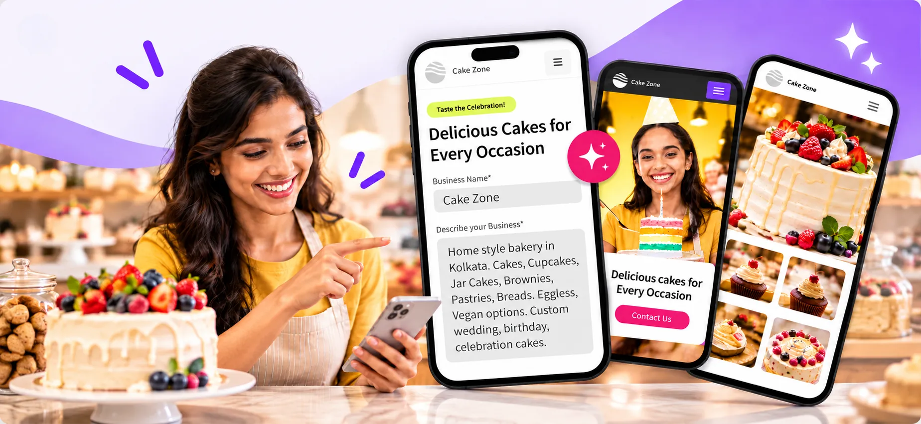 Business owner entering her bakery details on a phone and getting three website designs